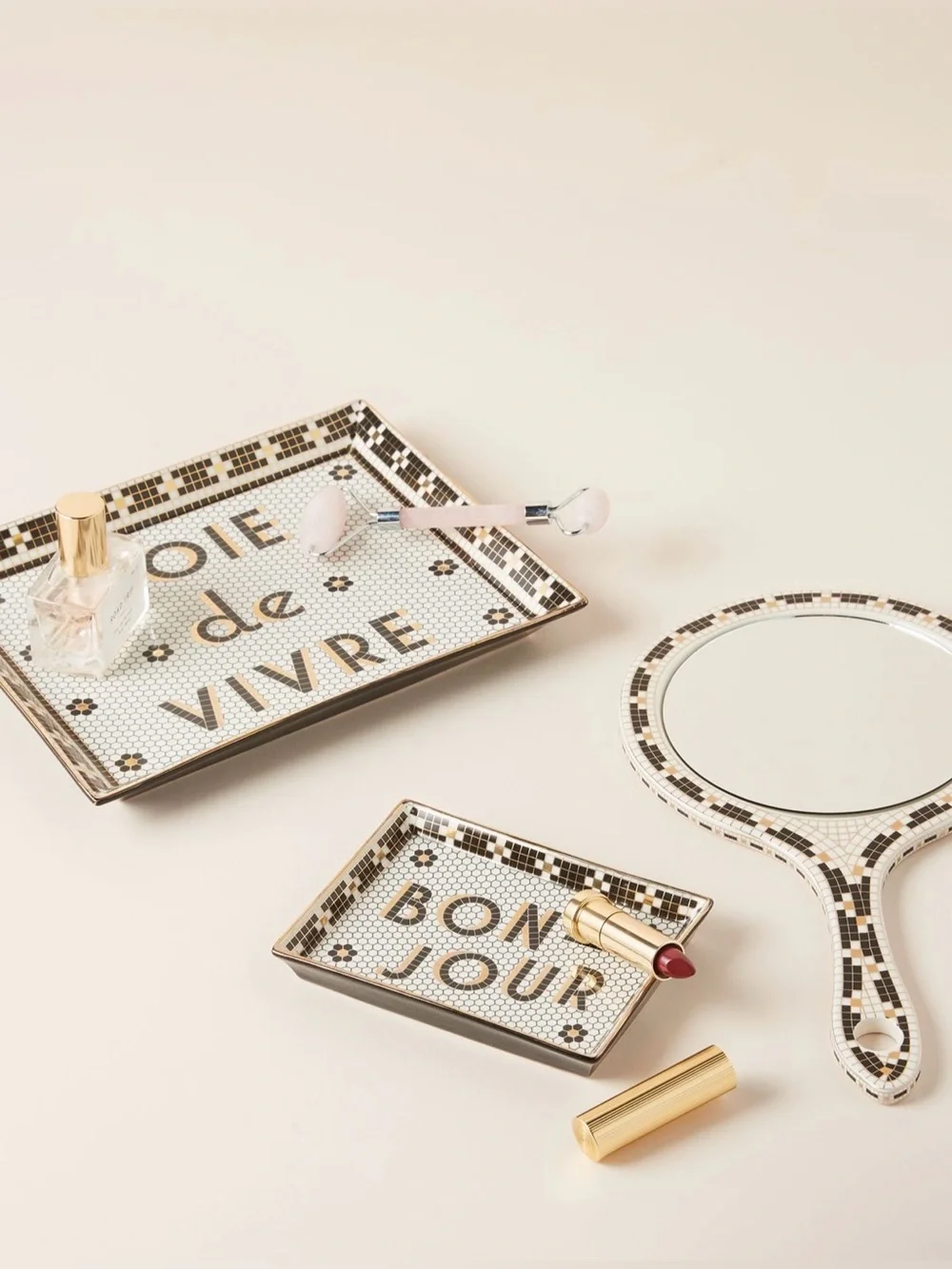 Anthropologie Bistro Tile Stoneware 24k Gold Accent Tray, JOIE de VIVRE